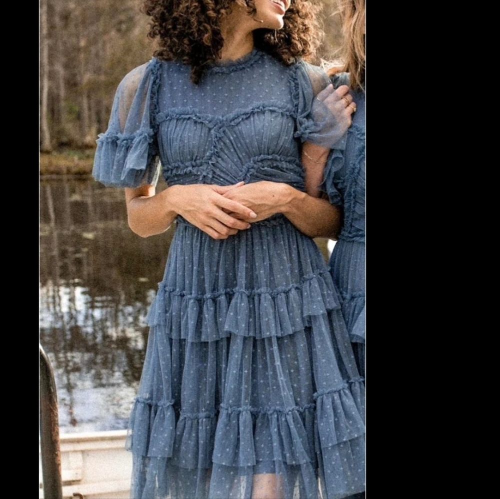Ivy City Co Blue Swiss Dot Ruffle Mini Dress
